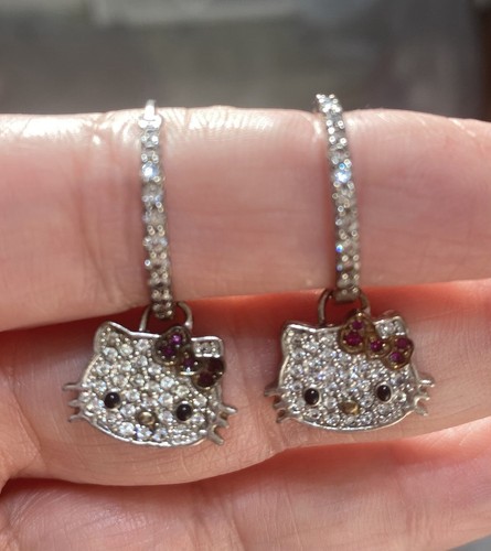 Diamonique Hello Kitty Hoop Earrings 925 - Picture 3 of 5