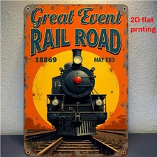 2D Flat Vintage Railroad Tin Metal Signs 8x12- Retro Train Sunset Aluminum Wall 