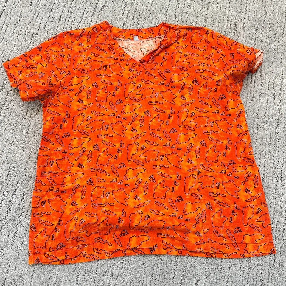 READ Halloween Pumpkin Ghost Bat Scrubs Lot of 2 Unisex Scrub Tops L/XL Orange - Image 3 of 4