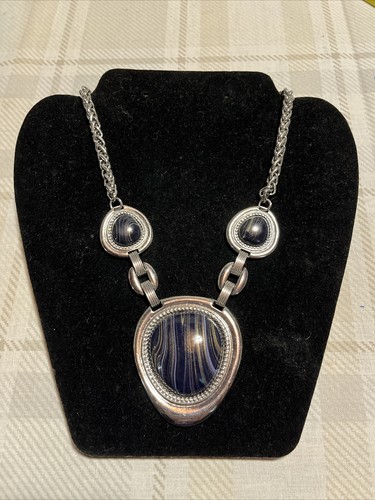 Avon Denim Days Necklace Blue & Gold Cabochons Silver Tone Chain 18” Signed NWT - 第 1/6 張圖片