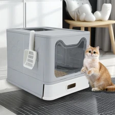 XXXL Cat Litter Box Front Entry and Top Exit Cat Toilet with Stainless Steel Pan