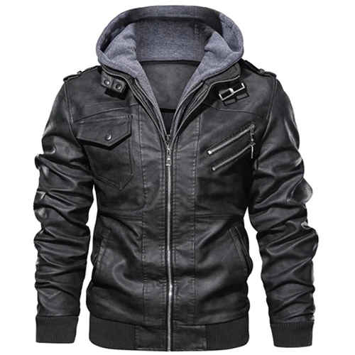 Men's Slim Fit Outwear Black Leather Jacket Zipper Hooded Motorcycle Coats Biker