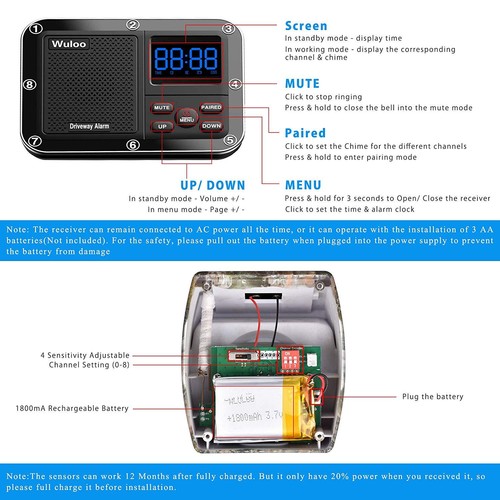 Wuloo 1/3mile Driveway Alarms Solar Powered Outside Weatherproof Motion Sensors - Picture 8 of 8