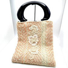Handcrafted Vtg Inspired Woven Knit Purse Embroidered Floral Design Black Handle