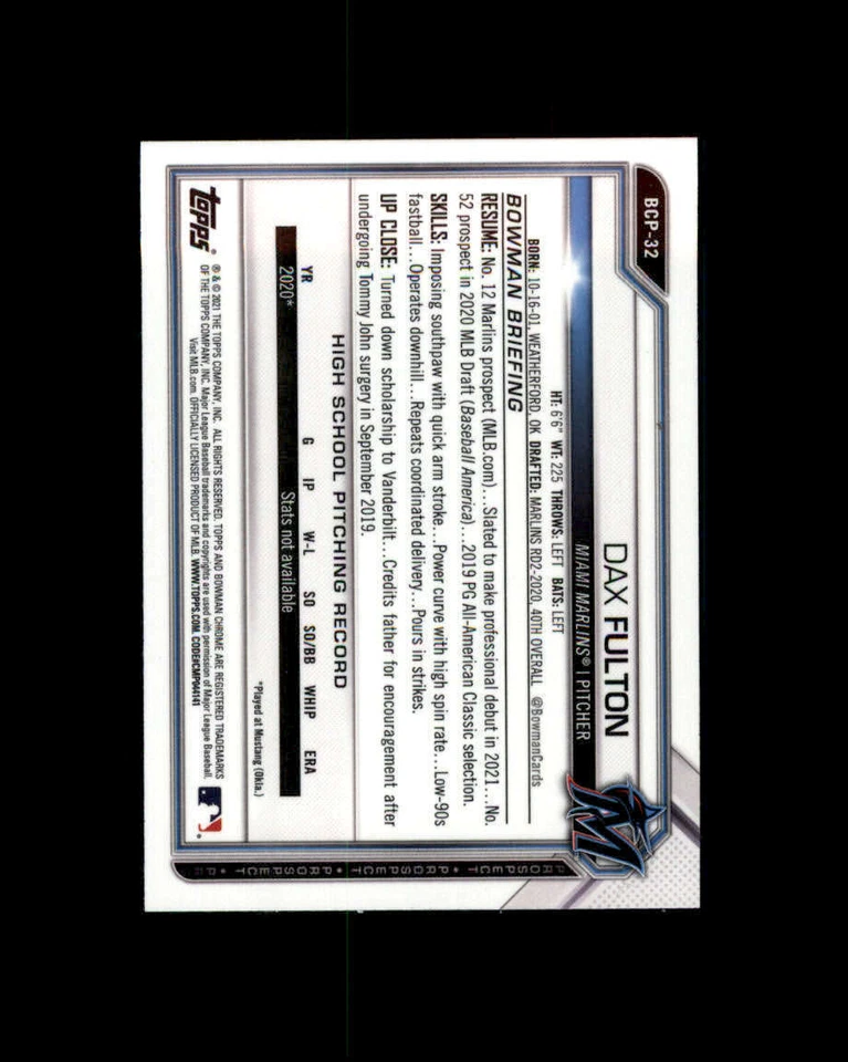 2021 Bowman Chrome Prospects #BCP32 Dax Fulton (ref 163699) - Image 2 of 2