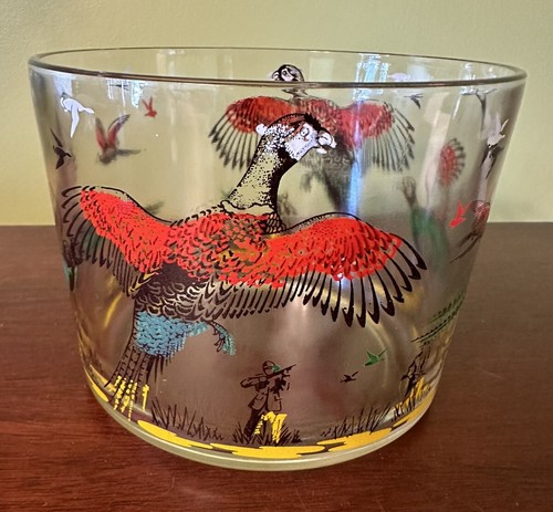 Vtg MCM Hazel Atlas Pheasant Dog Hunt Glass Snack Bowl Serving 4” Barware - Picture 3 of 8
