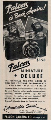 1940's Falcon Camera Co. Chicago ''Miniature Deluxe'' clipped ad 6x2.5''