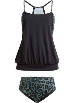 2-tlg Set Tankini Gr. 40 Oliv Schwarz Leo Bedruckt Damen Schwimmanzug Neu