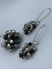 Dark Crystal Glass Cluster Dangle Earrings and Cocktail Ring Adjustable Stretch