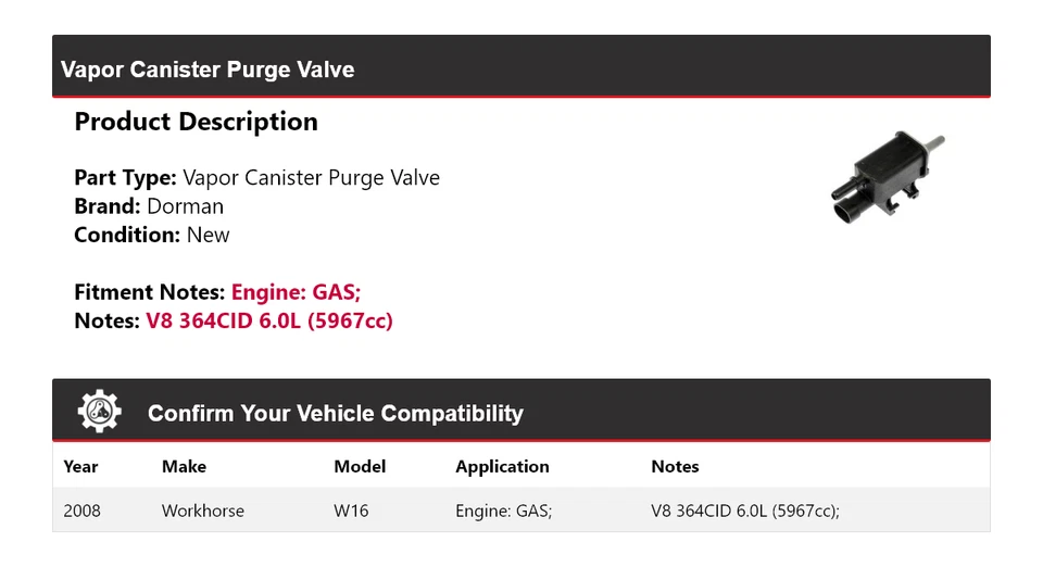 Válvula de purga de bote de vapor Dorman de gas Workhorse W16 2008 Foto 2 de 4