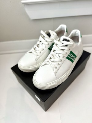 Authentic VERSACE Men's US 12 White & Green Greca Low-Top Sneakers