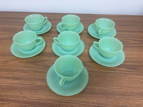 VINTAGE FIRE KING JADEITE LOT OF 7 CUPS AND 7 SAUCERS JANE RAY