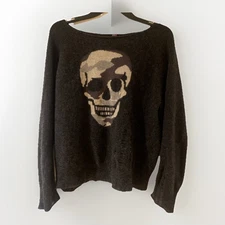 AQUA Cashmere Skull Image Long Sleeve Oversized Distressed Style Sweater Size XS
