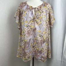 LC Lauren Conrad Top Womens 3X Floral Metallic Stripe Ruffle Sleeve Boho Casual