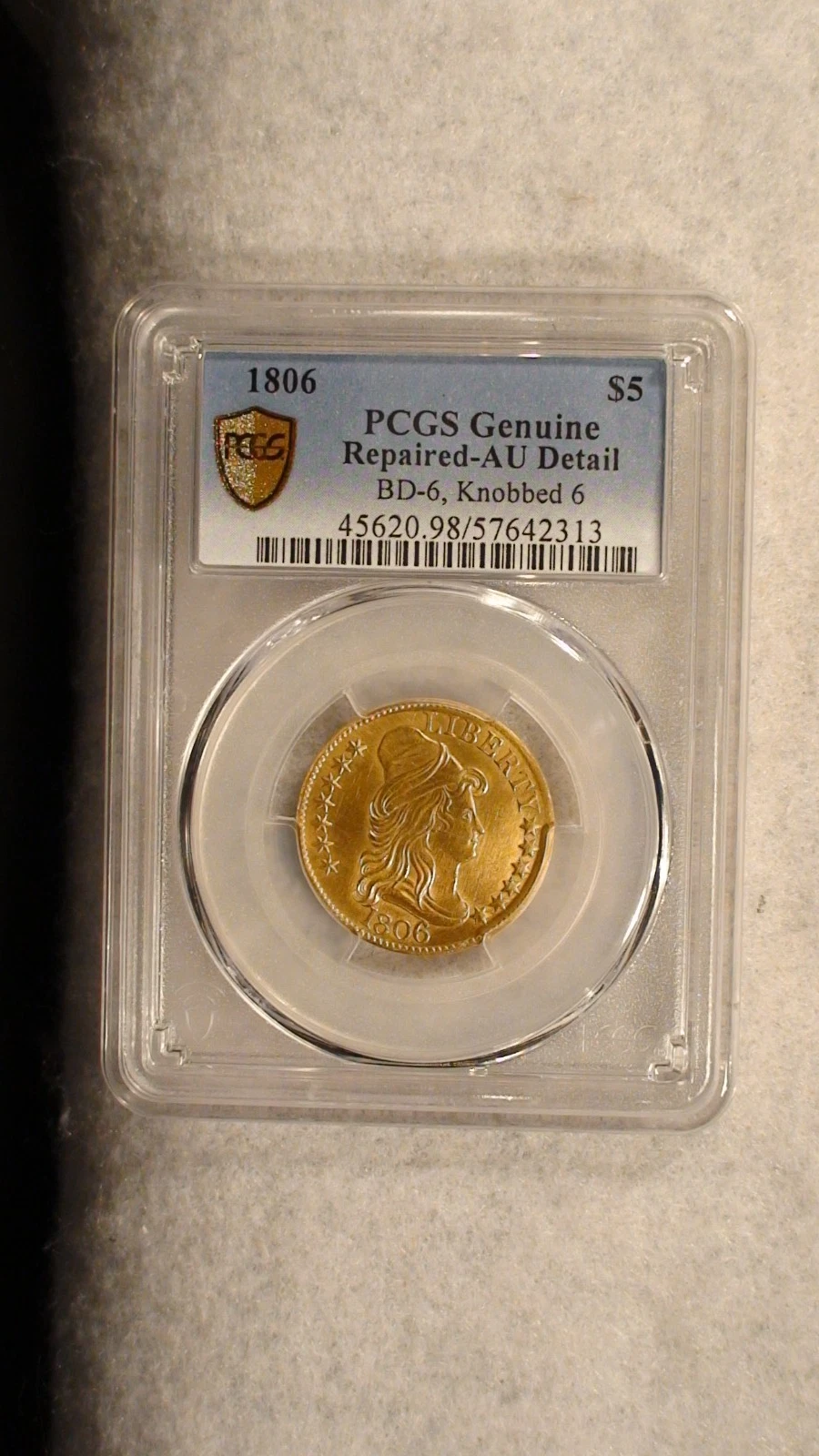 RARE 1806 PCGS BD-6 KNOBBED 6 ALMOST UNCIRCULATED $5.00 GOLD SHIELD COIN!
