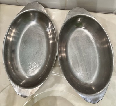 2 VINTAGE OVAL LION   GENERAL STAINLESS STEEL JAPAN AU GRATIN BAKING DISHES