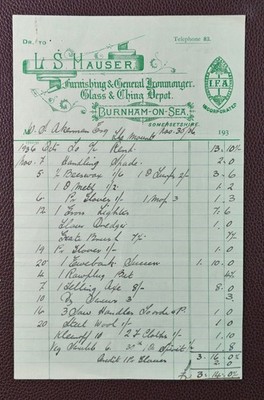 1936 Burnham-on-Sea L. S. Mauser Ironmonger Quittung W. S. Akerman Rechnung
