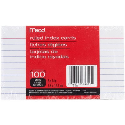 Mead Index Cards 3''X5'' 100/Pkg-Ruled White