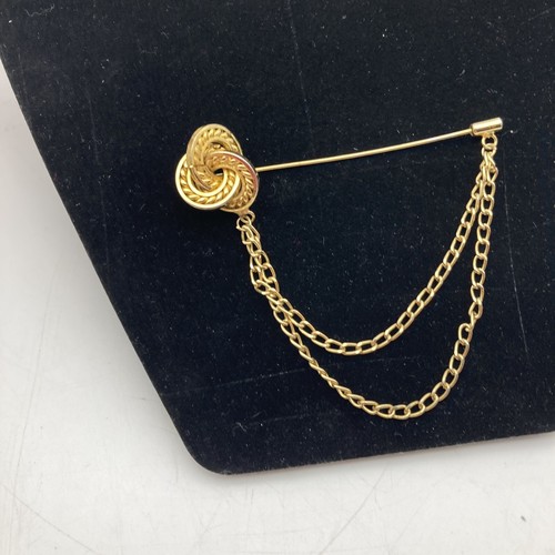 Vintage Gold Tone Swirl Stick Pin With Dangling Double Chain Gold Tone, 3 3/8'' - Picture 2 of 9