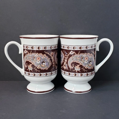 GHC White Dark Brown Paisley Pattern 8 oz. Porcelain Coffee Mug Cup Set of 2