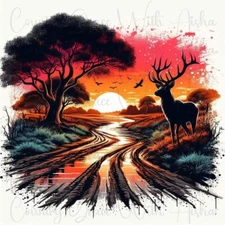 Sublimation Transfer Watercolor Sunset Deer Ready To Press Heat Transfer