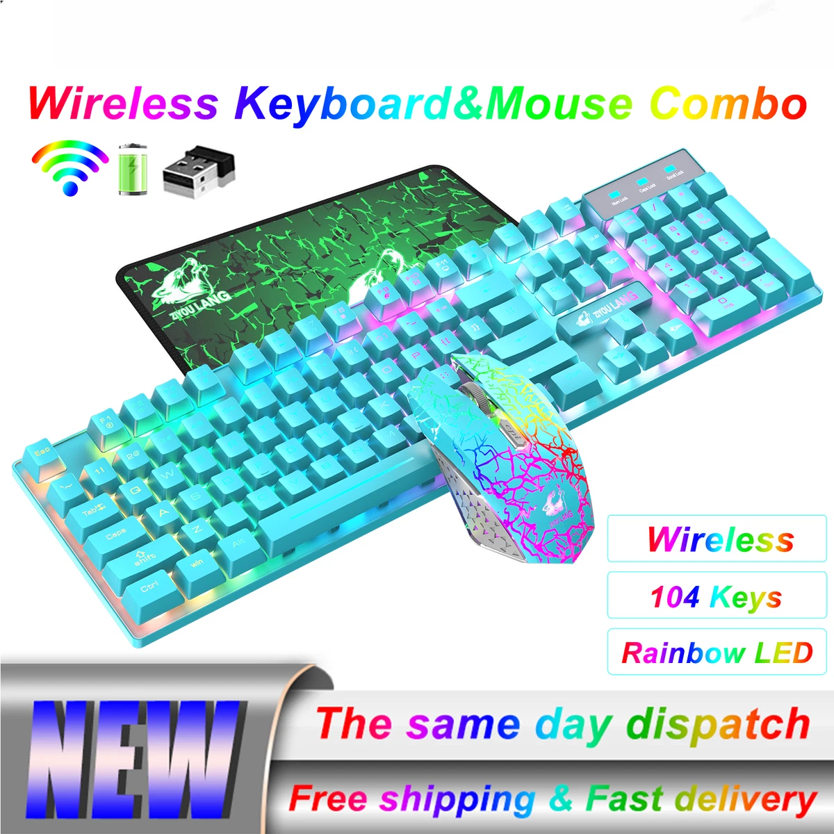 Rainbow Backlit Wireless Gaming Keyboard and Mouse Set