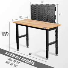 WORKPRO 48" Adjustable Workbench Rubber Wood Top 2PC 16"x32" Metal Pegboards USA