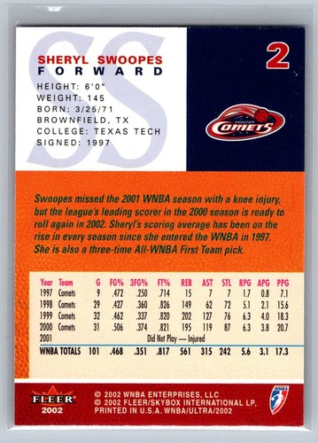 2002 Ultra WNBA #2 Sheryl Swoopes - Picture 2 of 2