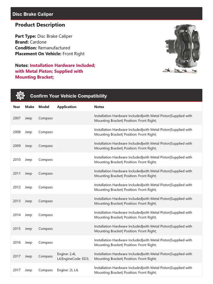 Суппорт переднего правого дискового тормоза Jeep Compass 2007-2017 годов выпуска Cardone 2008 2009 2010 годов выпуска - Изображение 2 из 4