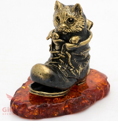 Brass Amber Figurine of cat sitting in an old shoe IronWork
