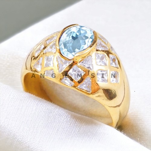 Aquamarine Gemstone With 925 Sterling Silver Gold Plated Ring For Men's #BL242 - Picture 4 of 8