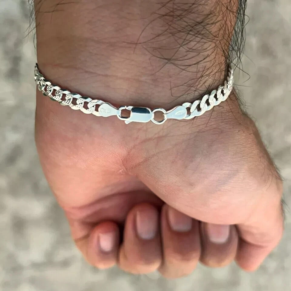 Brazalete Real Plata de Ley 925 Corte Diamante Eslabón Cubano 8" x 5MM Foto 3 de 4