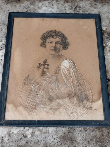 Antique Original Illustration Art Woman With Violin Kimball System Lowell Mass.