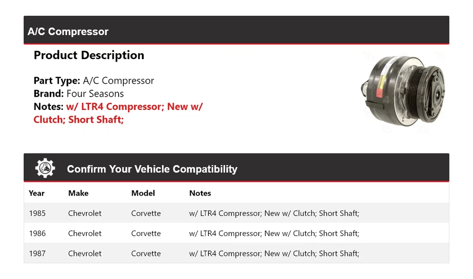 Compresor de aire acondicionado Chevrolet Corvette 1985-1987 4 estaciones 1986 Foto 2 de 4