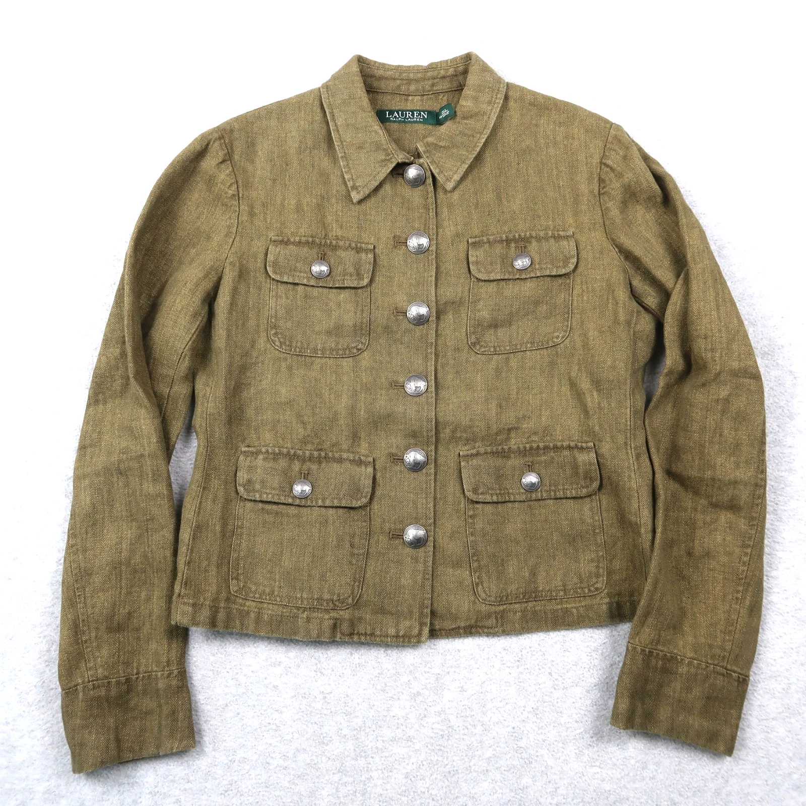 Lauren Ralph Lauren 100% Linen Olive Green Utility Field Military Jacket Sz 10 P
