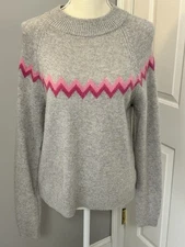 SAKS FIFTH AVENUE~MEDIUM~GREY+PINK ZIG ZAG LONG SLEEVE WOOL-CASHMERE SWEATER~M
