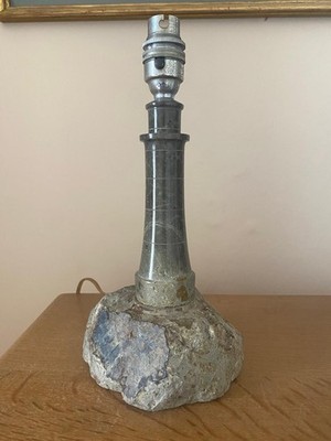 VINTAGE CORNISH SERPENTINE MARBLE LIGHTHOUSE TABLE LAMP WITH BAKELITE FITTING