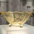 Vintage Depression Glass Footed Bowl Amber Etched Floral Scalloped 6” Dish