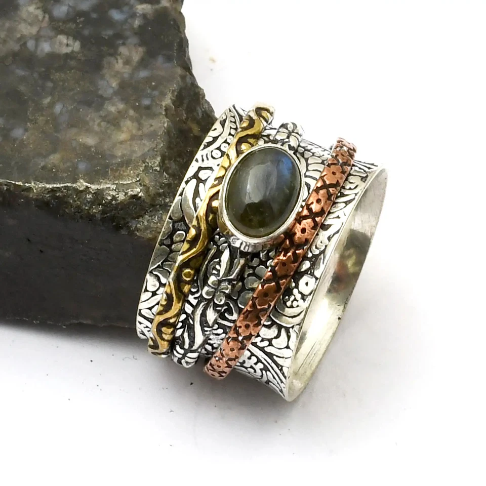 Ethno-Ring Labradorit dreifarbig Spinner Edelstein Schmuck US-Größe - 9,5 AR 33469