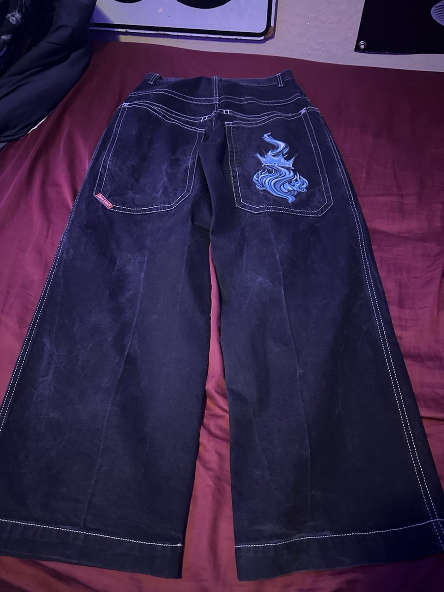 JNCO Jeans Blue Crown Fire Embroidery Y2K Skater Crazy Rare