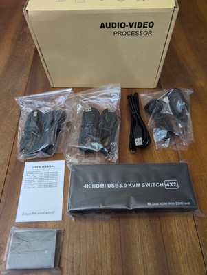 Dual Monitor 4 x 2 KVM Switch DisplayPort and HDMI 4K@60Hz 4 in 2 Out USB 3.0 