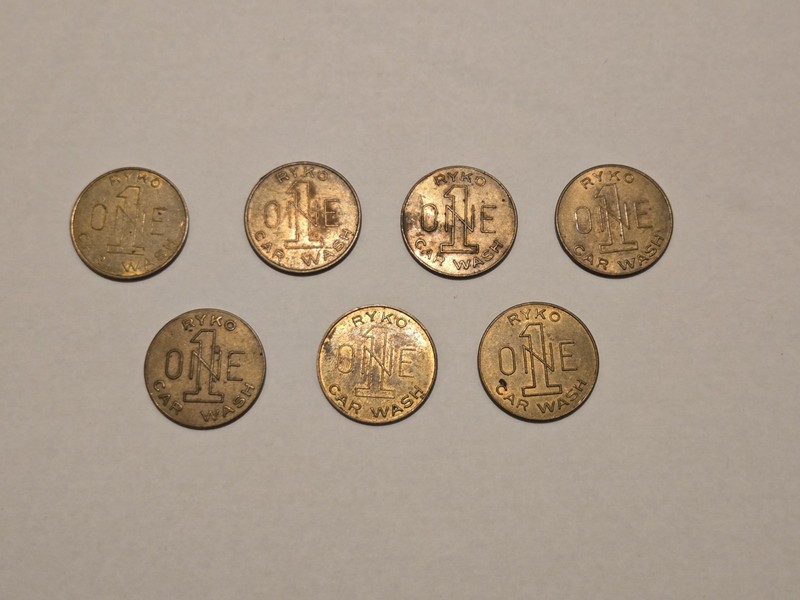 Lot of 7 Vintage Ryko 1 Car Wash Tokens – Brass Automotive Exonumia