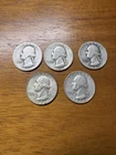 Assorted Lot of 5 Silver Washington Quarters 90% Silver 1936-1954