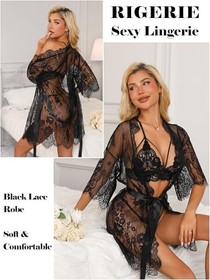 Sexy Lingerie for Women Lace Kimono Robe Mesh Chemise Nightgown X-Small Black