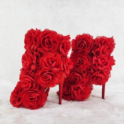 Beauty 3D Flowers Floral 4'' High Heel Xoanna Elegant Ankle Boots Red