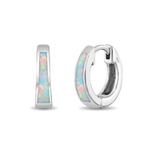 Chunky Simulated Opal Inlay Huggie Hoop Earrings 8mm - Sterling Silver