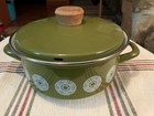Vtg MCM 60s-70s Avocado Green Porcelain Enamel Cooking Pot Danish Look. Retro!   — photo 1