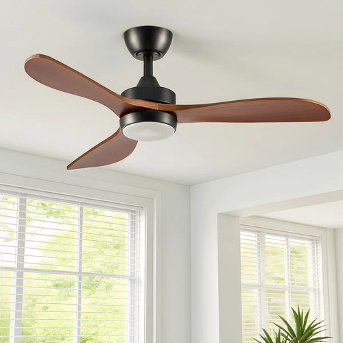 Offie 42" W LED Propeller Ceiling Fan with Remote in Black & Brown Wood, Used