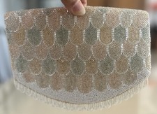 VTG Folding Evening Clutch Hand Beaded In Belgium Scalloped Pale Pink Green Gold