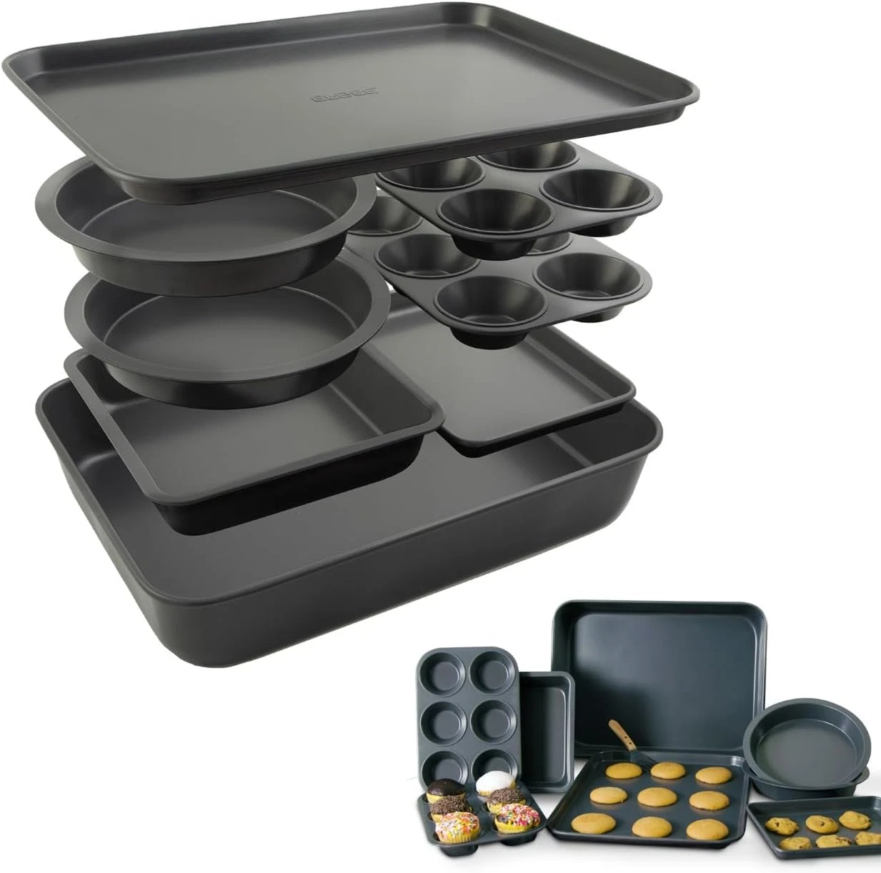 Elbee Home 8-Piece Nonstick Aluminized Steel, Space Saving Baking Set, with Deep